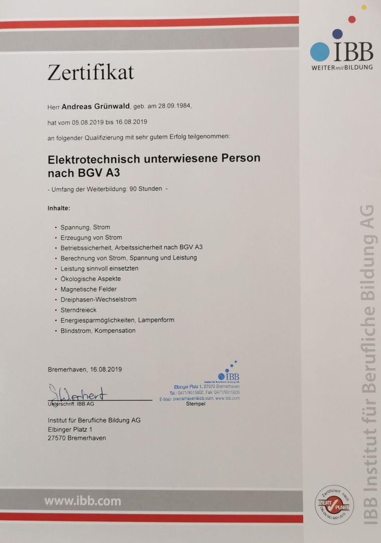 Elektro Zertifikat