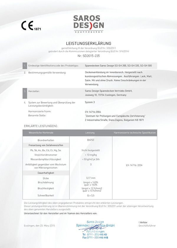 Spanndecken CE Zertifikat